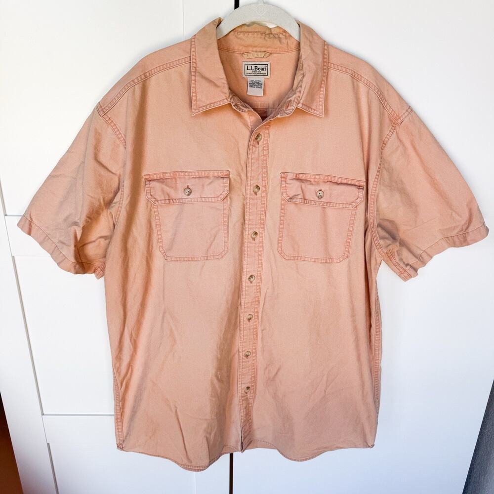 LL Bean Mens Large Tall Button Down‎ Short Sleeve Heavy Shirt Orange Pockets